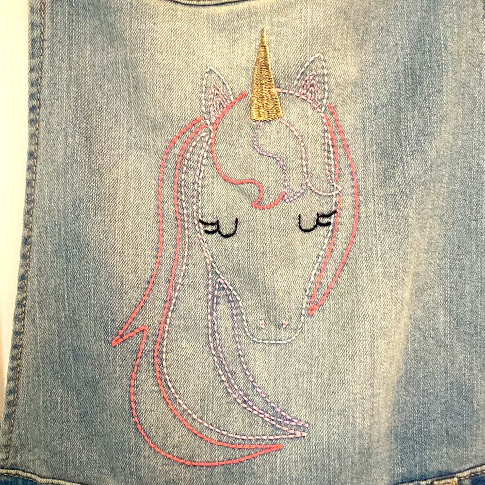 Cat & Jack Girl's Embroidered Unicorn Light Denim Wash Jean Overalls XL (14/16) - Picture 4 of 9